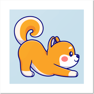 Cute Shiba Inu Dog Stretching Yoga Cartoon Posters and Art